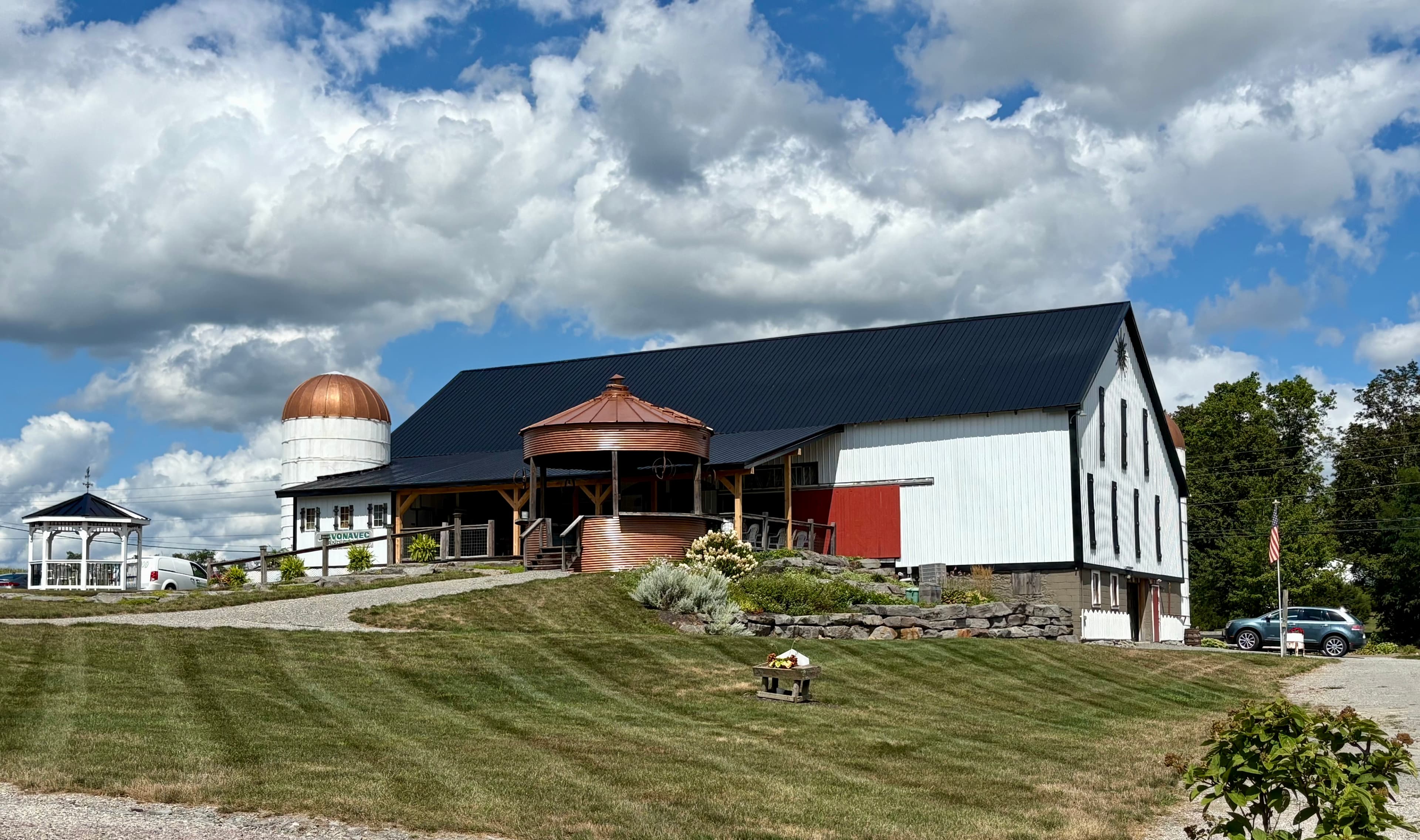 The barn at Heritage Place seen from the farm lane.