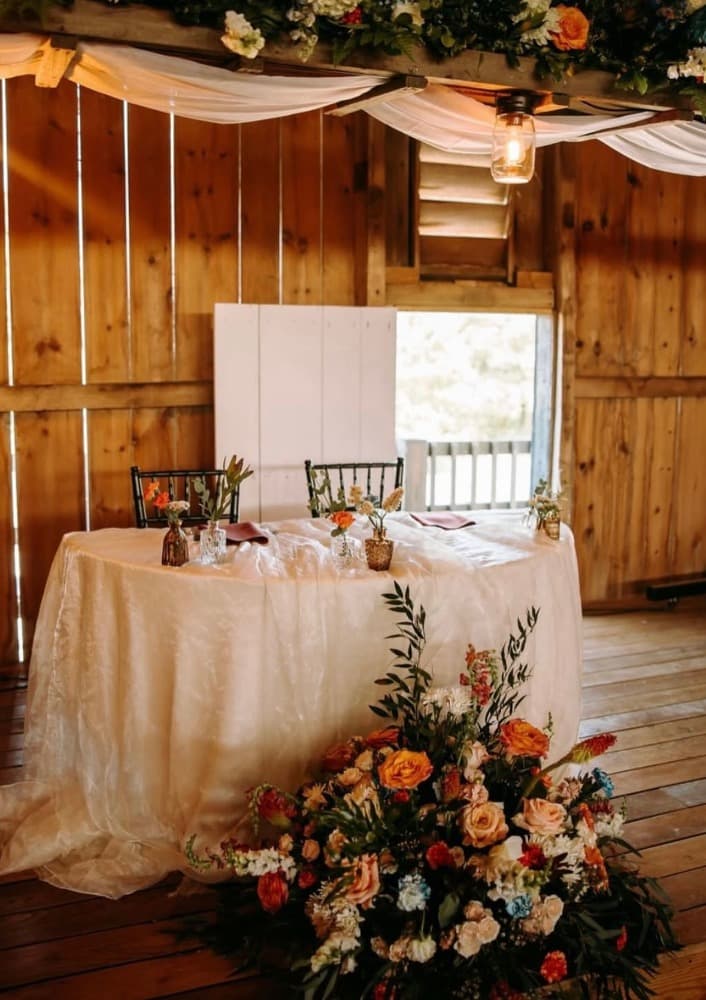 Close view of the sweetheart table's florals and place settings.